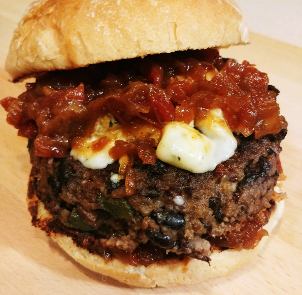 black bean burger blue cheese tomato onion jam nothing compares 2 blue