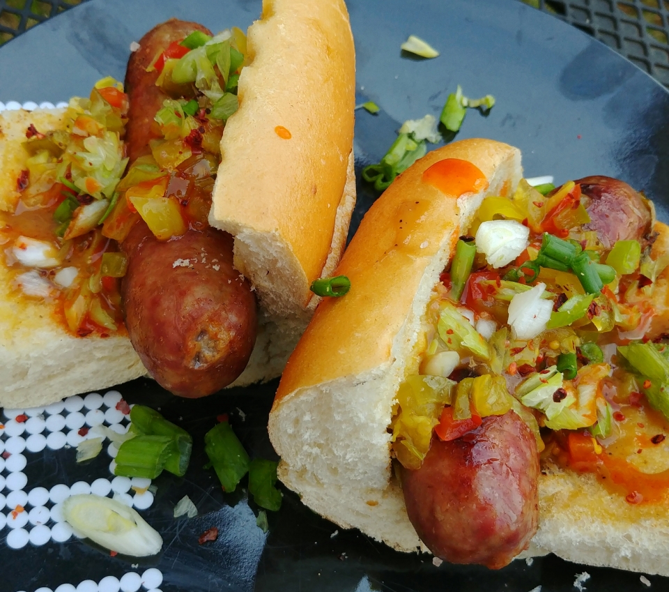grilled bratwurst spicy mustard tomatillo chow hot sauce scallions
