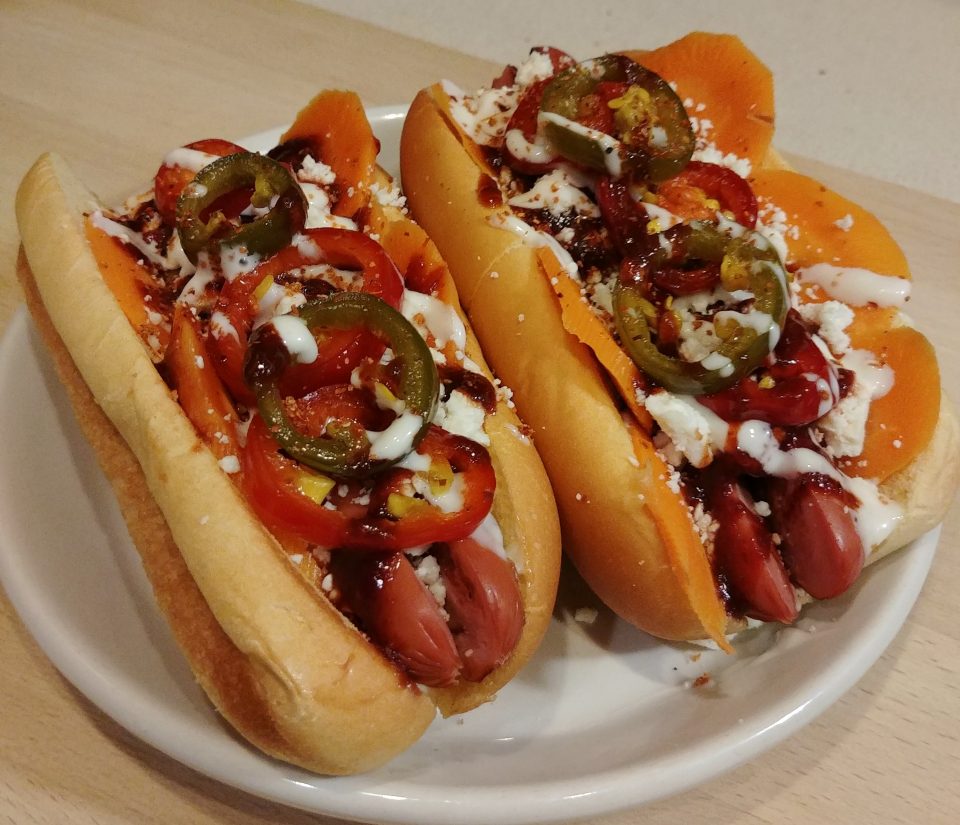 mexican radio hot dog carrot pickles chamoy sauce cotija jalapenos sour cream valentina wall of voodoo