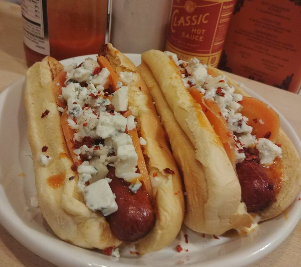 buffalo hot dog deep fried hot saquce blue cheese dressing pickled carrots blue cheese crumbles neneh cherry